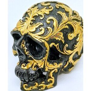 x 2 MINI SKULLS!, GOLD & BLACK PAINTED RESIN SCULPTURAL DECORATIONS